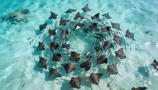 Spiraling spotted eagle rays forming vortex over sunlit turquoise lagoon