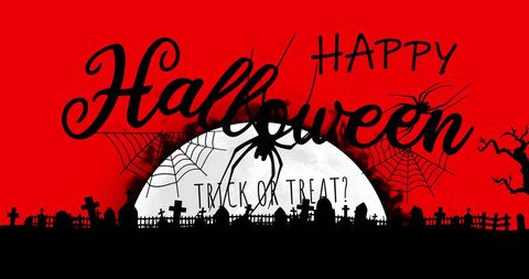 Spooky Happy Halloween Design with Spider and Graveyard Silhouette