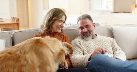 Cozy Couple Petting Golden Retriever on Beige Sofa in Sunlit Open-Plan Living Room