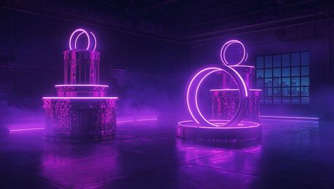 Glowing Magenta Neon Ring Sculpture in Industrial Loft with Fog and Reflective Pedestals