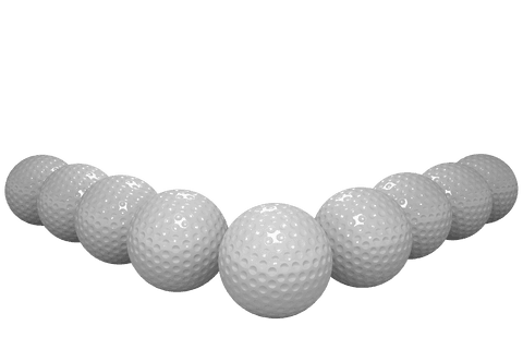 Transparent arrangement of golf balls close-up display