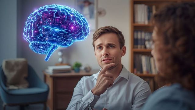 Man Analyzing Digital Brain Hologram in Therapy Office