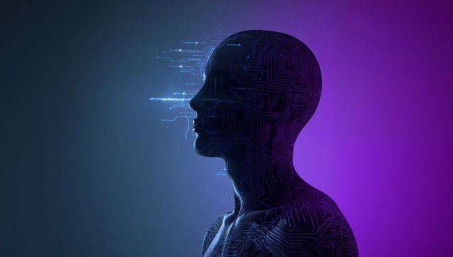 Futuristic AI Profile Emitting Digital Circuit Traces in Teal Magenta Gradient