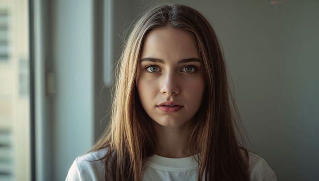 Serene young woman with light brown hair staring into camera in soft window light portrait
