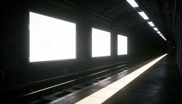 Empty underground subway platform with illuminated safety strip and blank advertising panels