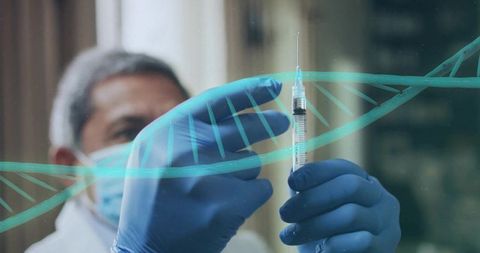 Clinician Preparing Vaccine Injection with Syringe and DNA Overlay for Genetic Research