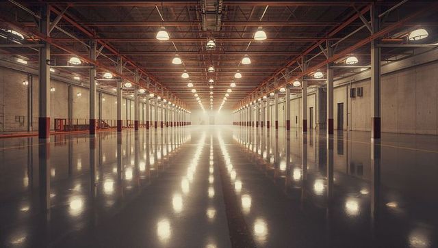 Spacious industrial warehouse interior with gleaming floor reflecting bright lighting