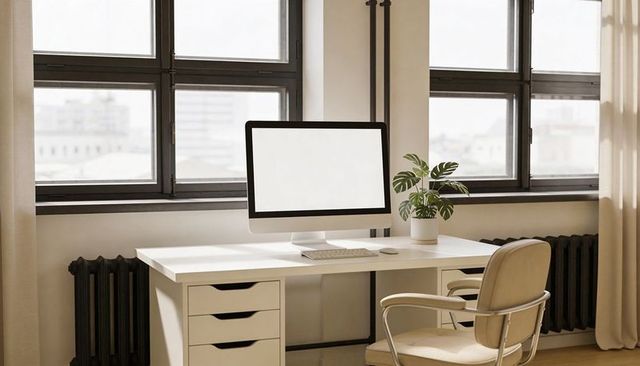 Minimalist sunny home office workspace with desktop monitor and cozy beige chair