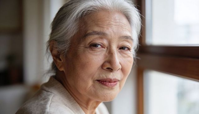 Serene senior asian woman sitting by wooden window natural daylight portrait gentle smile