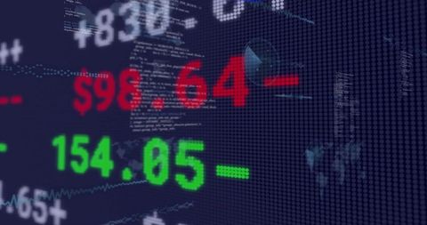 Digital stock ticker displaying green 154.05 and red $98.64 on pixel analytics dashboard