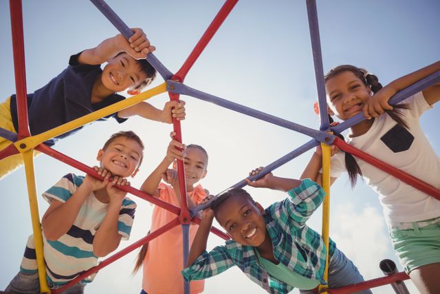 Portrait of happy schoolkids looking through dome climber at school playground