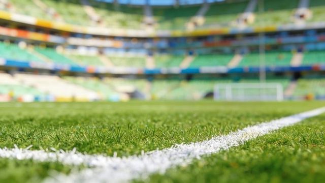 Close-up soccer pitch sideline on lush green turf featuring distant goal and stadium seating
