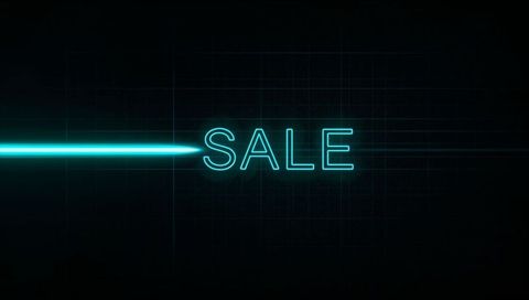 Glowing Cyan Neon SALE Text Meeting Leftward Laser Beam on Futuristic Grid Background