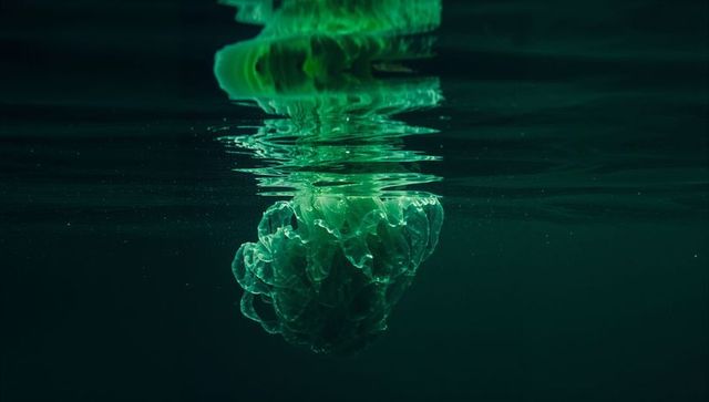 Glowing green jellyfish in mystical underwater reflection