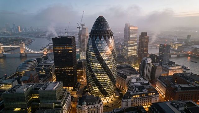 Dusk aerial gherkin dominating london financial hub with illuminated river thames skyline