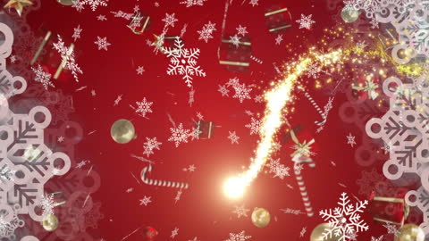 Christmas Magic on Red Background with Stars and Snowflakes