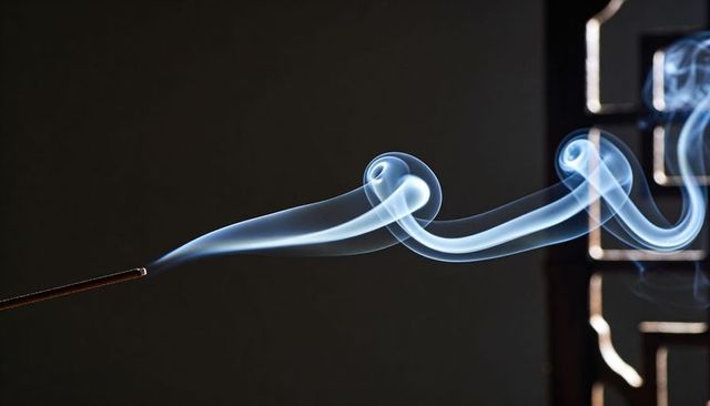 Blue curled incense smoke creating elegant s-shaped spirals on dark background