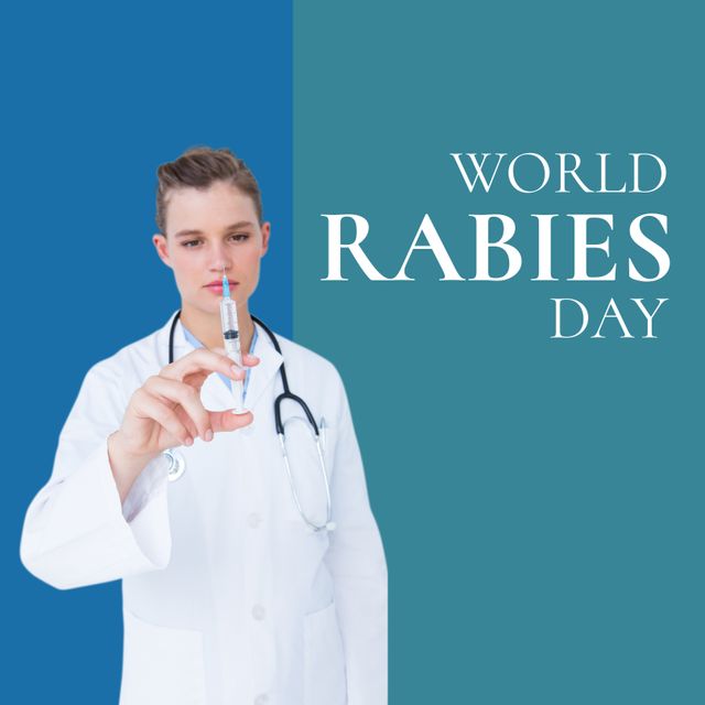 Composite of young caucasian female veterinarian with syringe in hand and world rabies day text. Copy space, vaccination, disease, awareness, pet, healthcare and prevention concept.