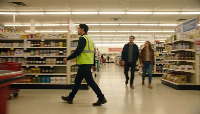 Supermarket worker walking in neon vest along stocked aisle with shoppers and cart