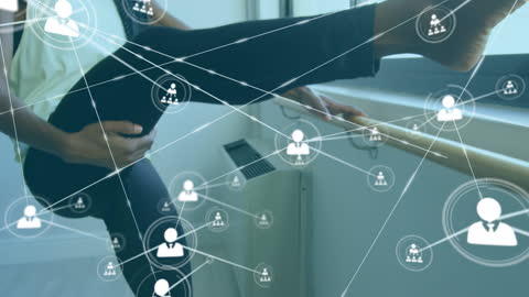 African American Woman Stretching with Network Connection Icons