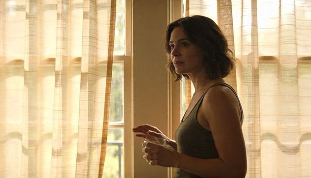 Contemplative woman standing by sunlit window touching sheer curtain and holding glass
