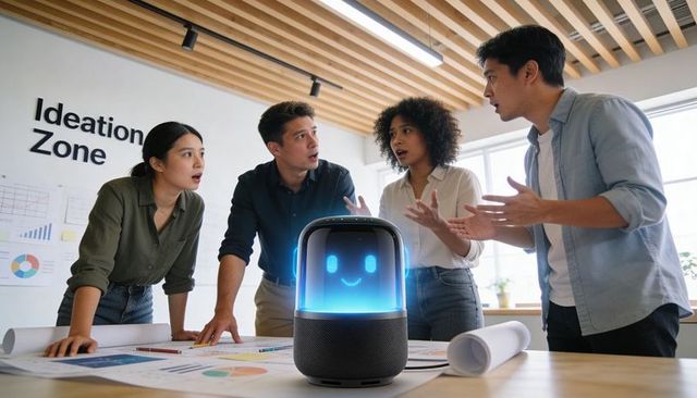Diverse team brainstorming with friendly smart speaker in modern ideation zone