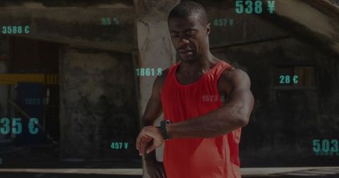 Athlete Wearing Smartwatch in Urban Futuristic Setting with Currency Symbols