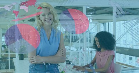 Smiling Businesswomen with Data Graphs Overlay in Modern Office