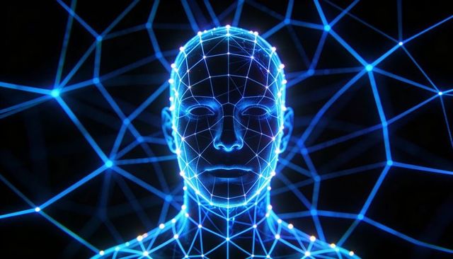 Neon wireframe humanoid bust connecting neural network nodes in futuristic cyber grid