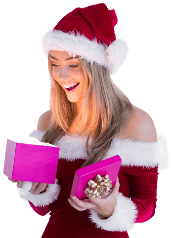 Cheerful Woman in Santa Hat Opening Gift on Transparent Background