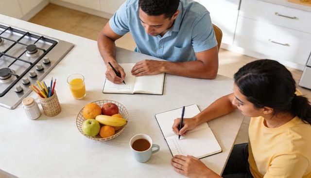 Couple writing morning plans at bright kitchen island with fruit bowl coffee and notebooks