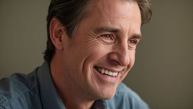 Smiling middle-aged man wearing denim shirt in warm soft light close-up headshot