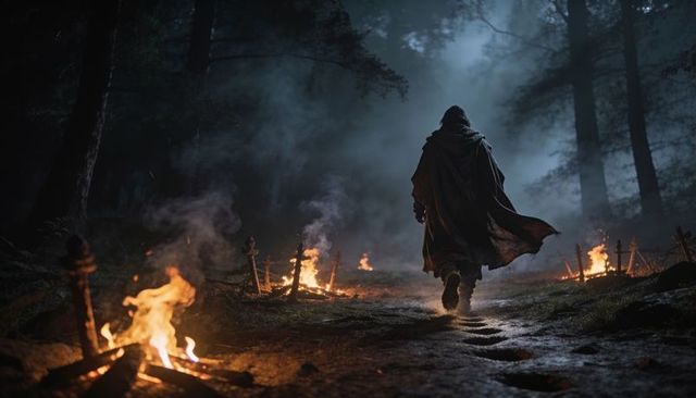 Hooded wanderer walking through moonlit foggy forest with burning bonfires and stakes