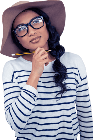 Transparent Thinking Asian Woman Hat Pencil Professional