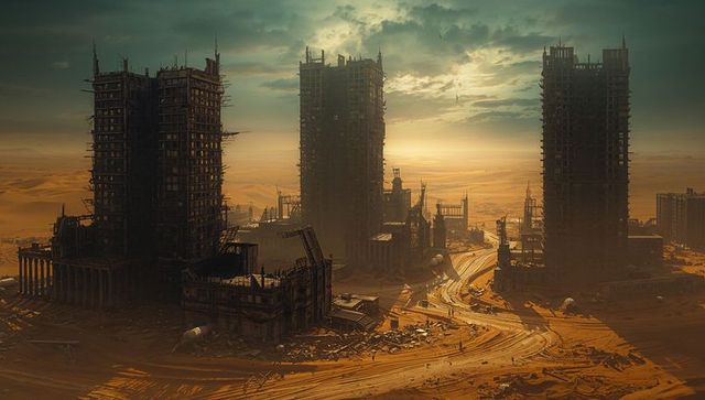 Dystopian desert towers: abandoned structures at sunset