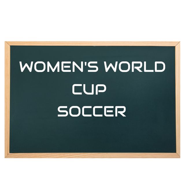 Chalkboard with text promoting Women's World Cup Soccer. Great for use in announcing events, sports advertising, and school bulletins.