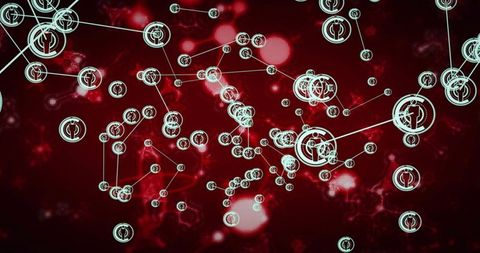 Teal node network connecting clusters and glowing links on deep crimson digital background