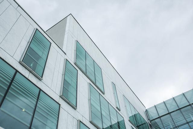 This image showcases a modern office building with large glass windows, captured from a low angle on a cloudy day. The sleek and contemporary design of the building makes it ideal for use in business, corporate, and real estate contexts. It can be used for marketing materials, architectural presentations, and urban development projects.