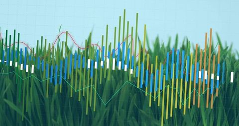 Colorful analytics overlaid on grassland against blue sky background