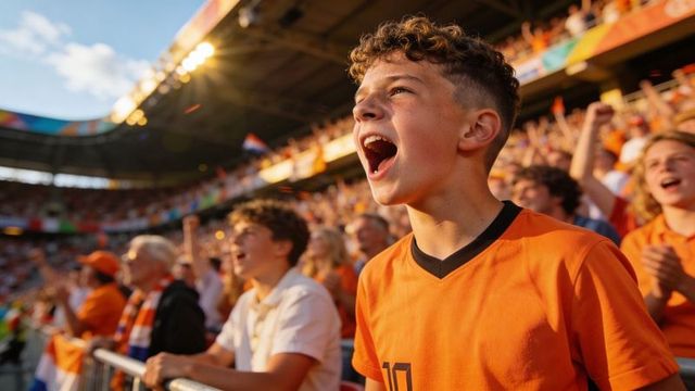 Teenage fan shouting in orange jersey, cheering with packed sunlit stadium crowd