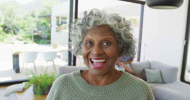 Happy Senior Woman Smiling Indoors with Outdoor View - Download Free Stock Images Pikwizard.com