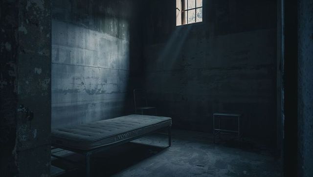 Abandoned Prison Cell with Light through Barred Window
