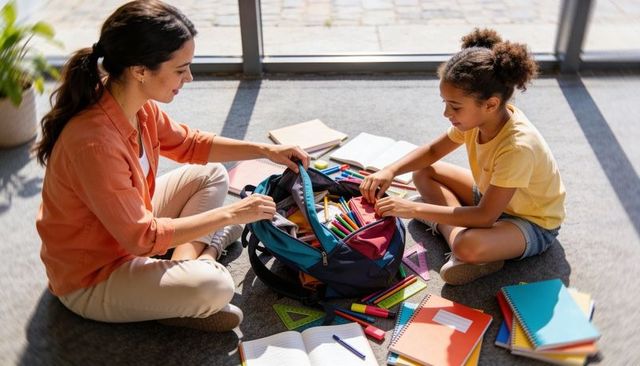 Parent and child organizing colorful school supplies from open backpack on sunlit floor