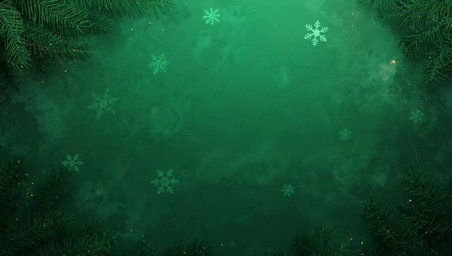 Evergreen holiday frame featuring snowflakes and gold sparkle on deep green vignette