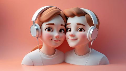 Stylized cartoon cute couple characters sharing music friendship concept