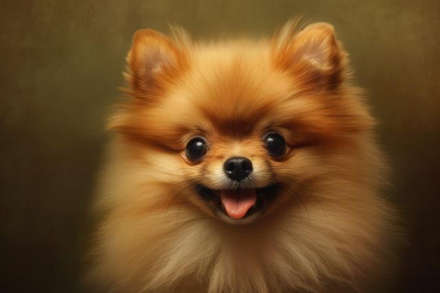 Adorable Pomeranian dog with fluffy orange fur, smiling directly at camera. Ideal for pet care advertisements, animal lover websites, social media posts about dogs, greeting cards, and related content celebrating pets' friendliness and companionship.