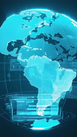 Rotating holographic globe revealing continent outlines with grid lines and dynamic data overlays