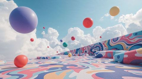 Surreal abstract spheres shipping through dreamy sky