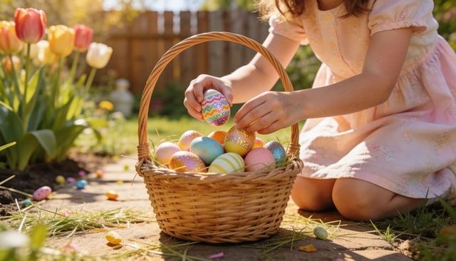 Kneeling child placing decorated easter eggs into wicker basket in sunlit spring garden