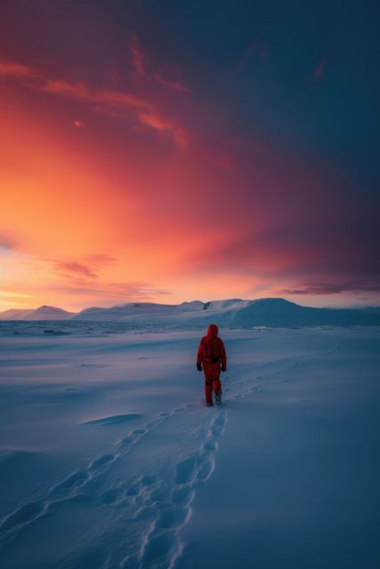 Individual dressed in red heavy winter gear trekking through vast snowy tundra. Vibrant orange and pink hues dominate the sunset sky creating a beautiful contrast against the cold white landscape. Ideal for themes related to adventure, extreme weather conditions, remote travel destinations, or the beauty of nature. Perfect for travel magazines, outdoor apparel advertisements, or motivational posters highlighting solitude and exploration.
